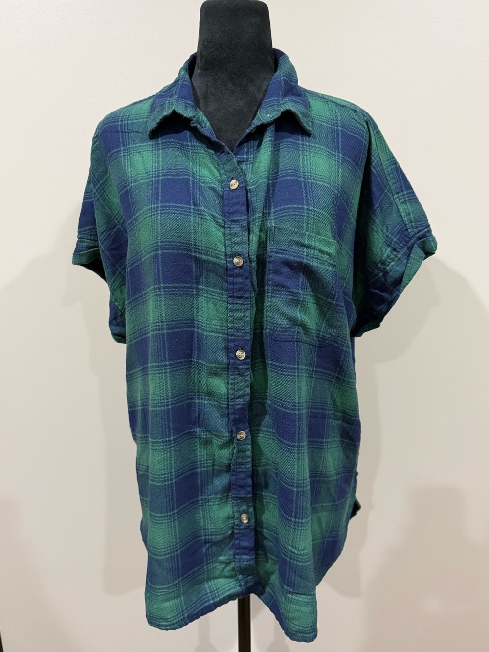 American Eagle Green & Blue Plaid Short Sleeve Button Down Shirt Size XL